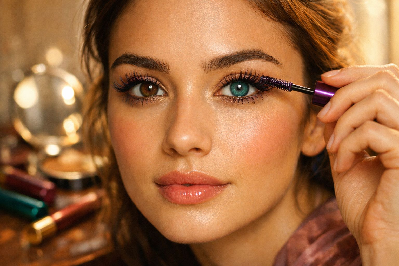 Mulher a aplicar máscara de pestanas, com olhos heterocromáticos castanho e azul, em fundo desfocado.
