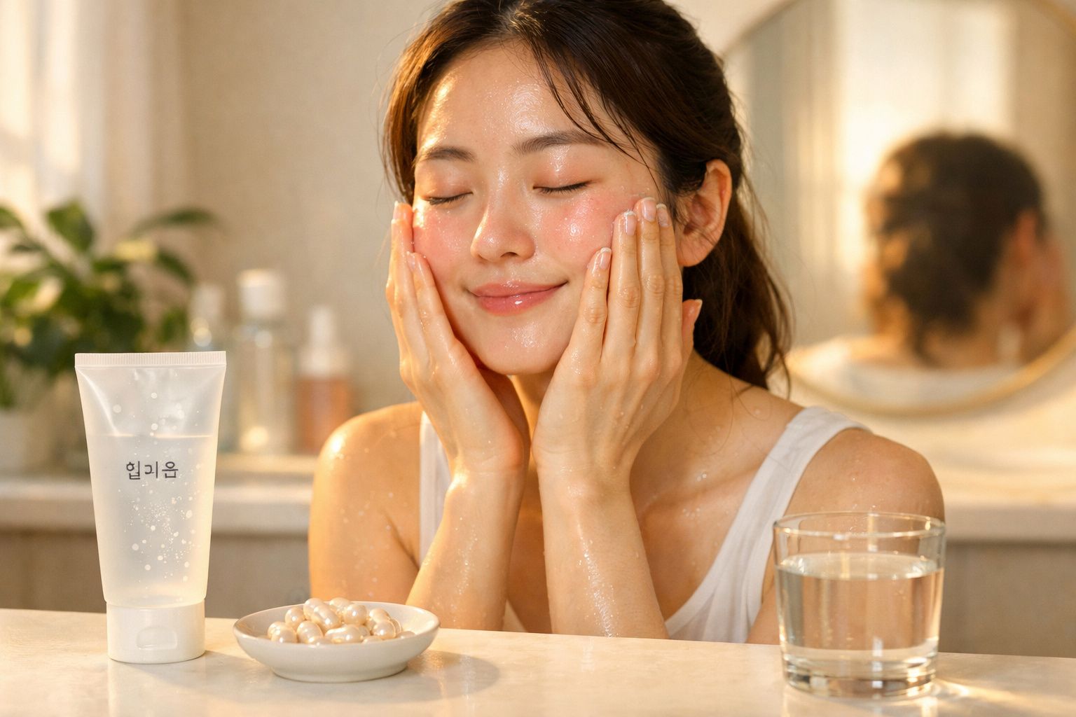 Mulher a cuidar da pele, com rosto molhado e olhos fechados, rodeada de produtos de cuidados faciais.