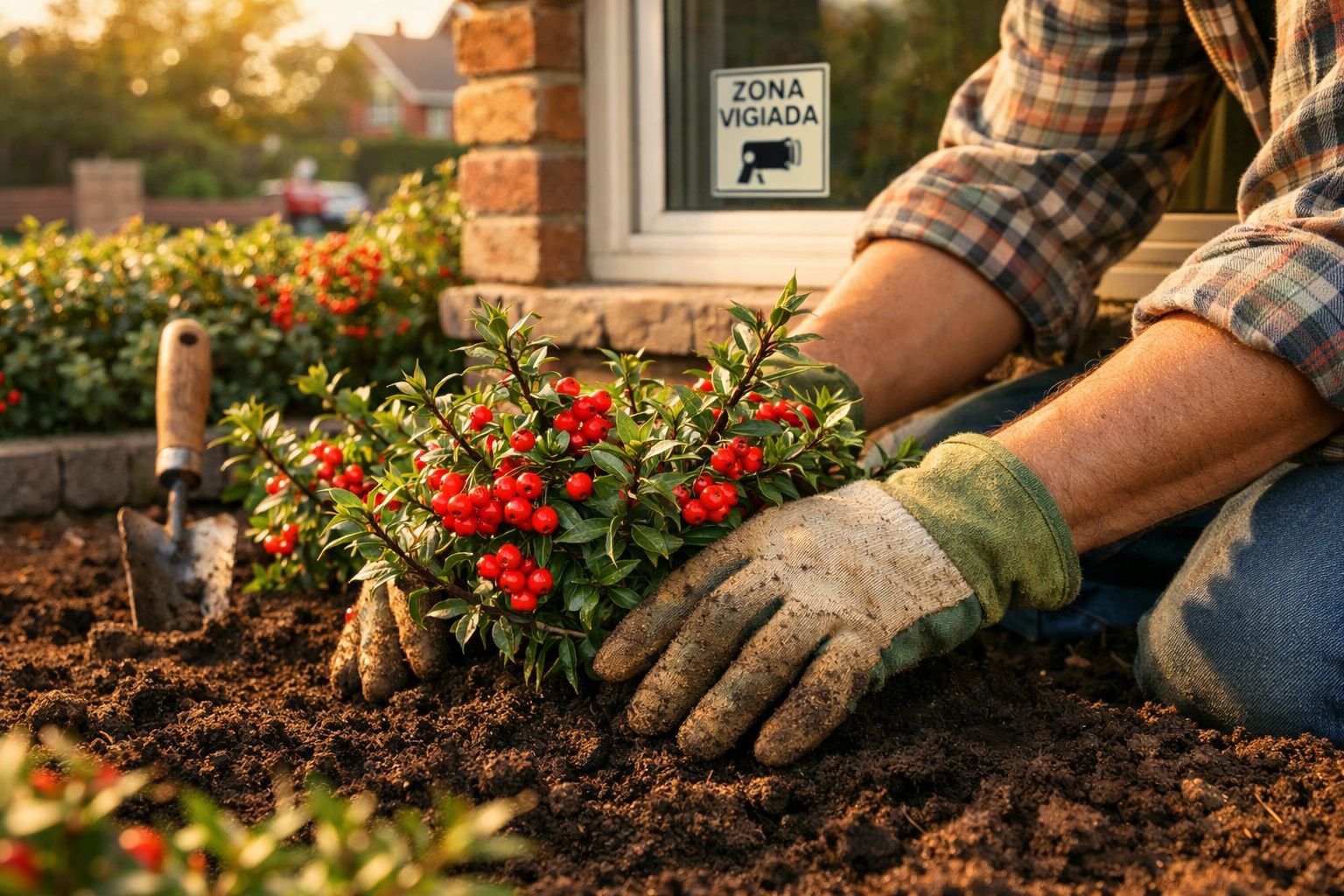 Pessoa a plantar arbusto com frutos vermelhos em jardim, usando luvas e roupa casual.