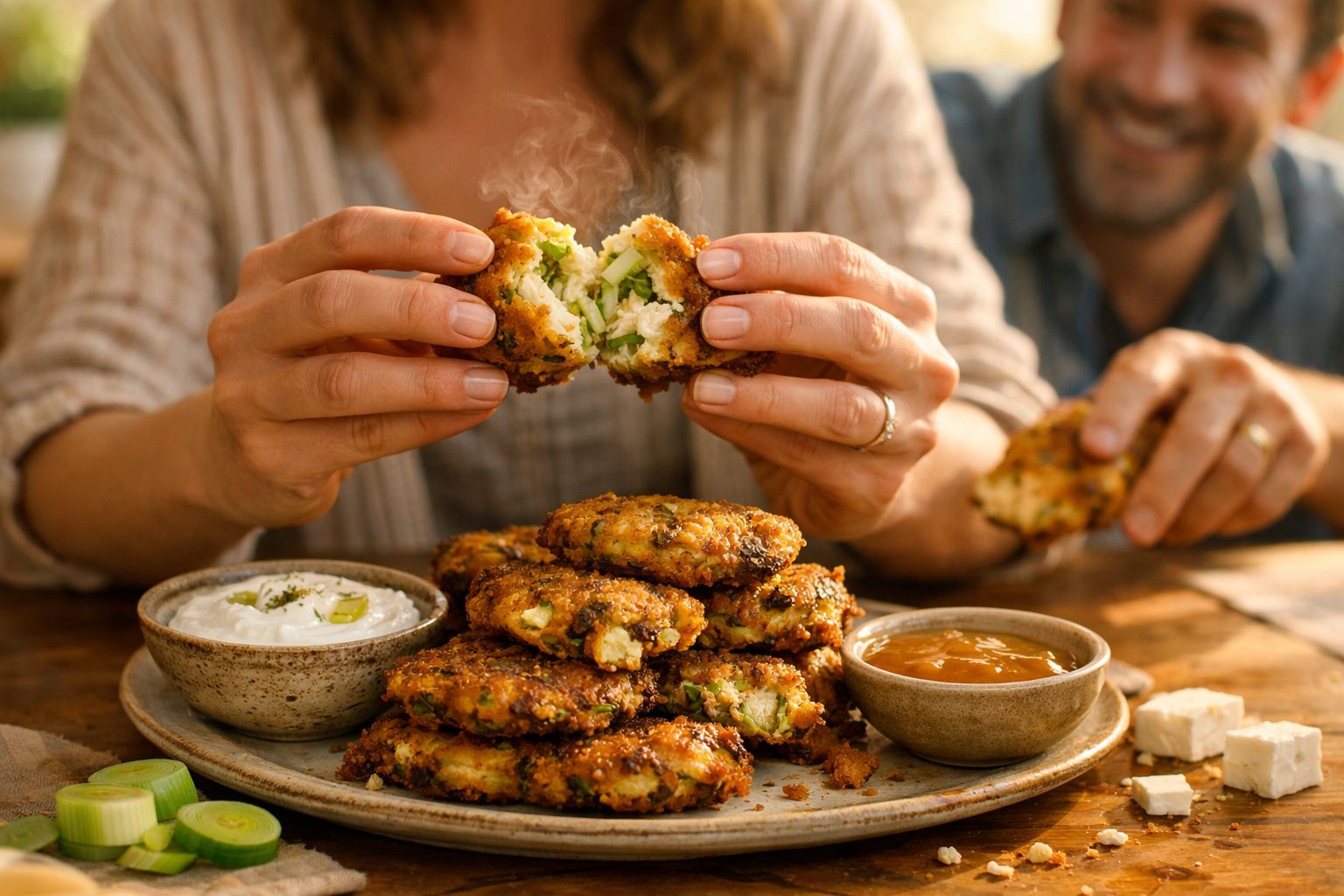 Pessoa a partir um rissol recheado com legumes e queijo, com dois molhos numa mesa rústica.