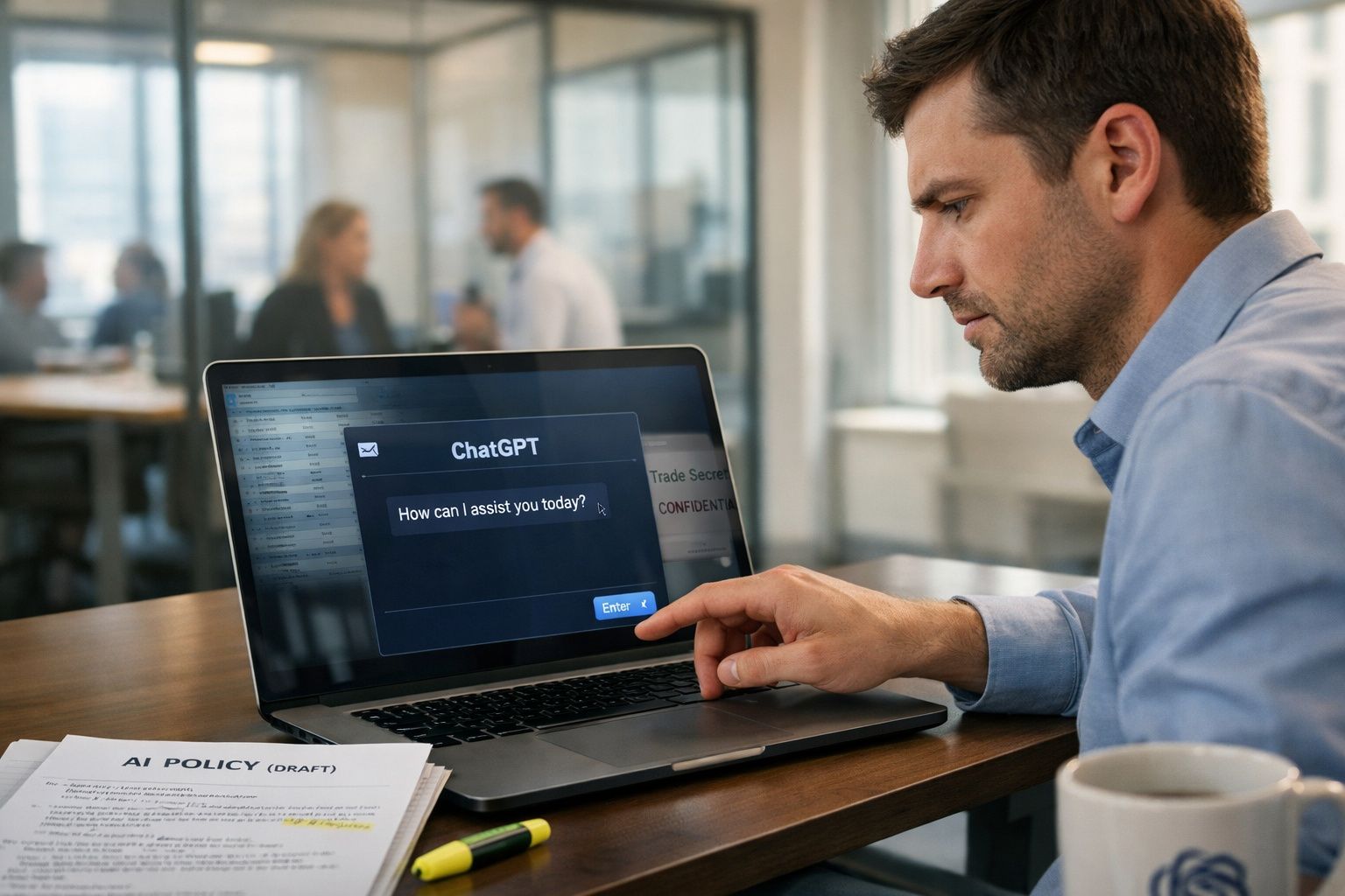 Homem a usar computador portátil com janela do ChatGPT aberta em ambiente de escritório moderno.