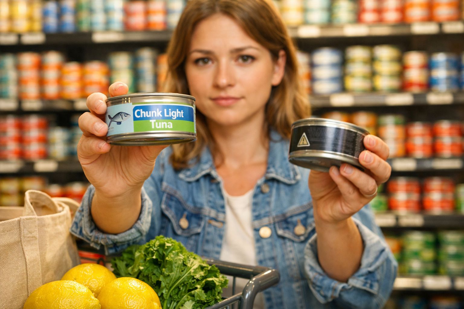 Mulher com camisola de ganga segura duas latas de atum numa loja, uma rotulada como Chunk Light Tuna.