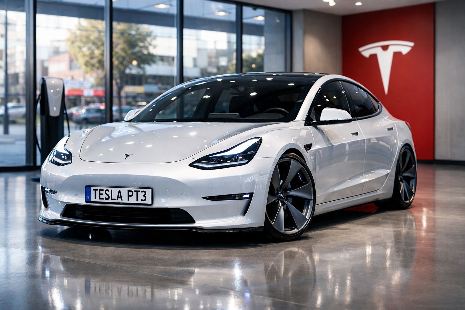Carro elétrico Tesla branco estacionado em showroom com carregador e logótipo da Tesla ao fundo.