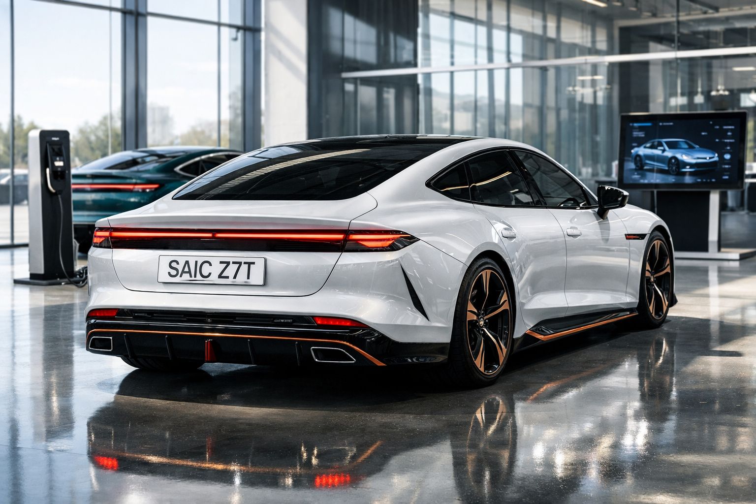 Carro elétrico branco SAIC Z7T estacionado junto a posto de carregamento numa sala moderna e iluminada.