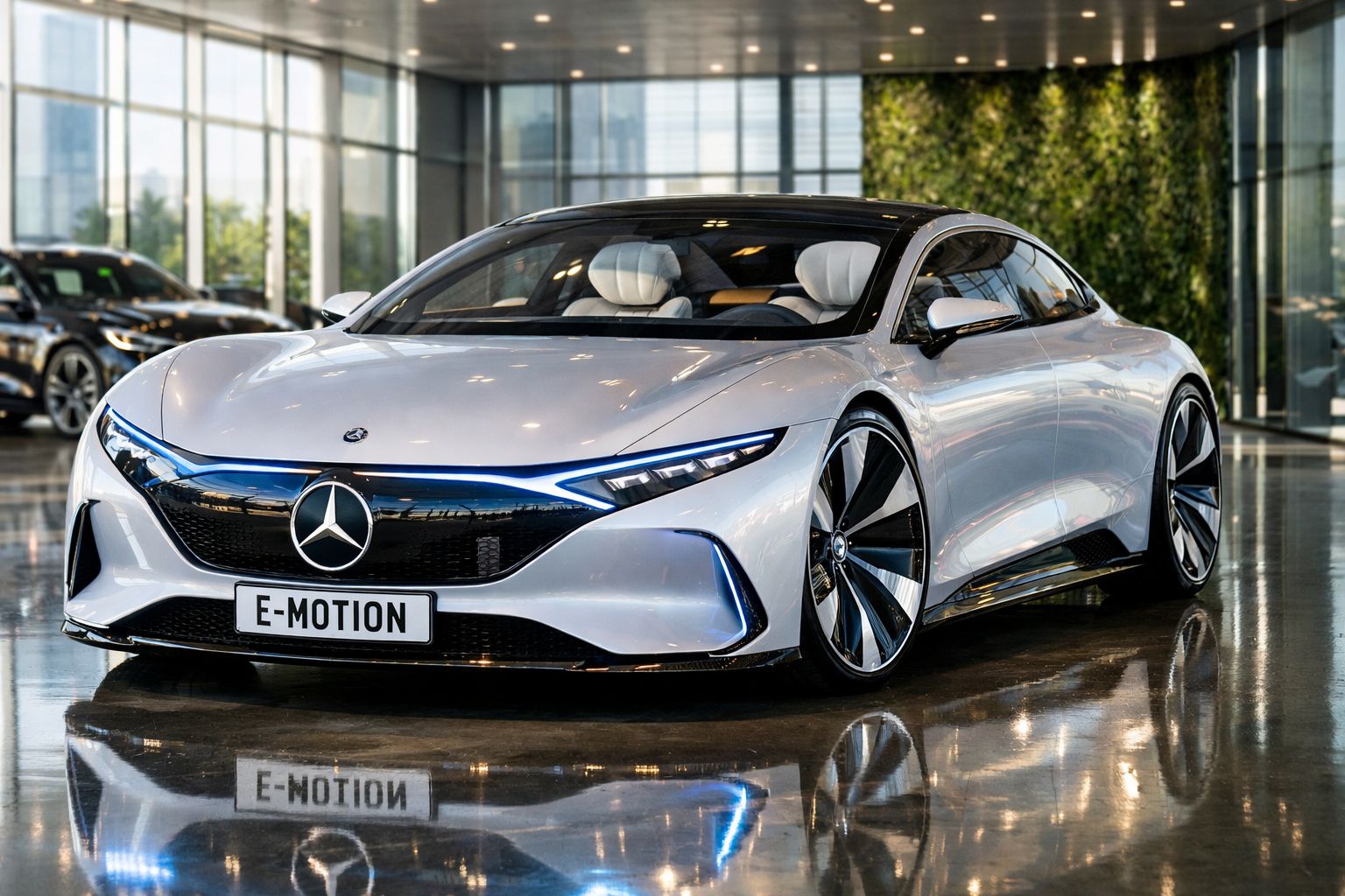 Carro elétrico desportivo Mercedes E-Motion branco exibido numa garagem moderna.