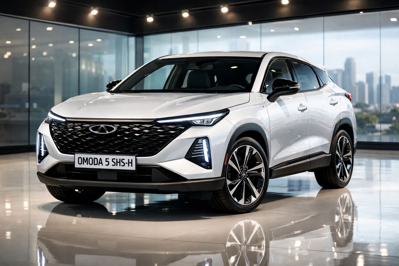 Carro SUV branco Chery Omoda 5 SHS-H estacionado em interior moderno com vidro e reflexo no chão.