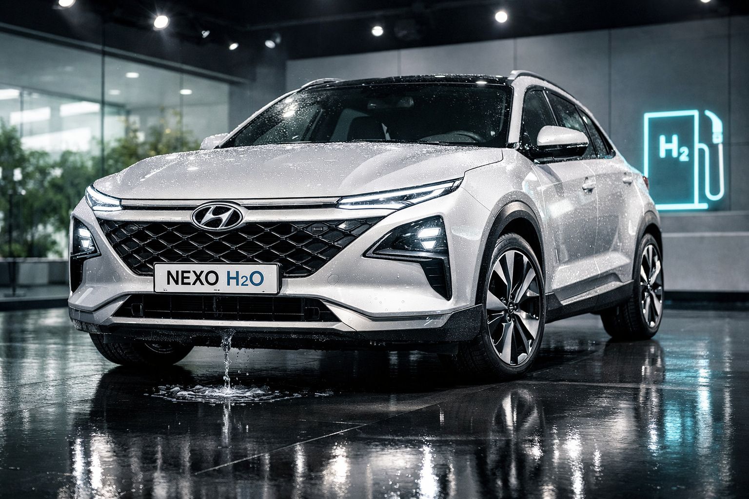 Carro Hyundai Nexo H2O prata estacionado num piso molhado com símbolo de abastecimento de hidrogénio ao fundo.