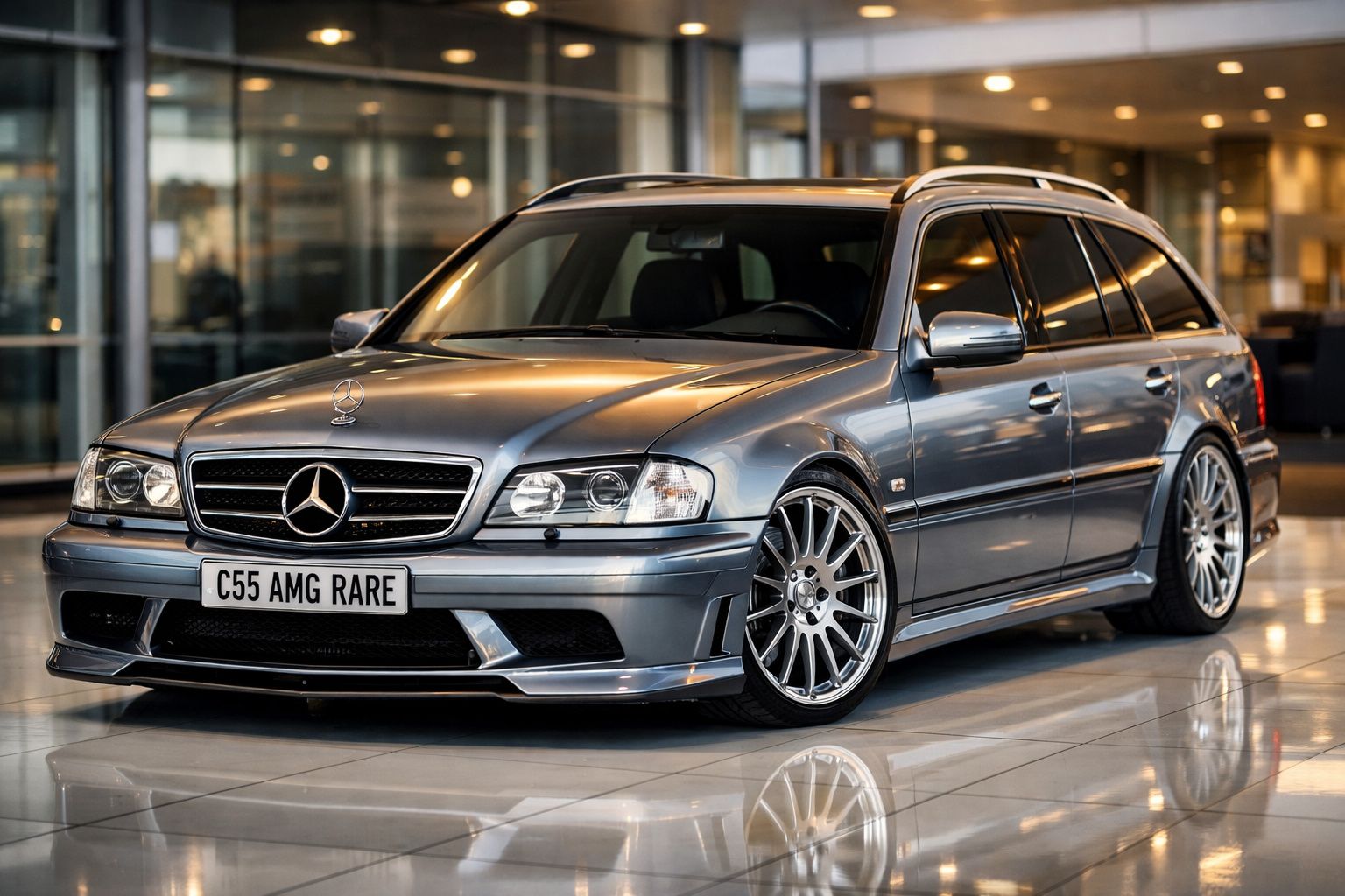 Carro Mercedes-Benz C55 AMG station wagon prateado exposto num showroom com iluminação interior.
