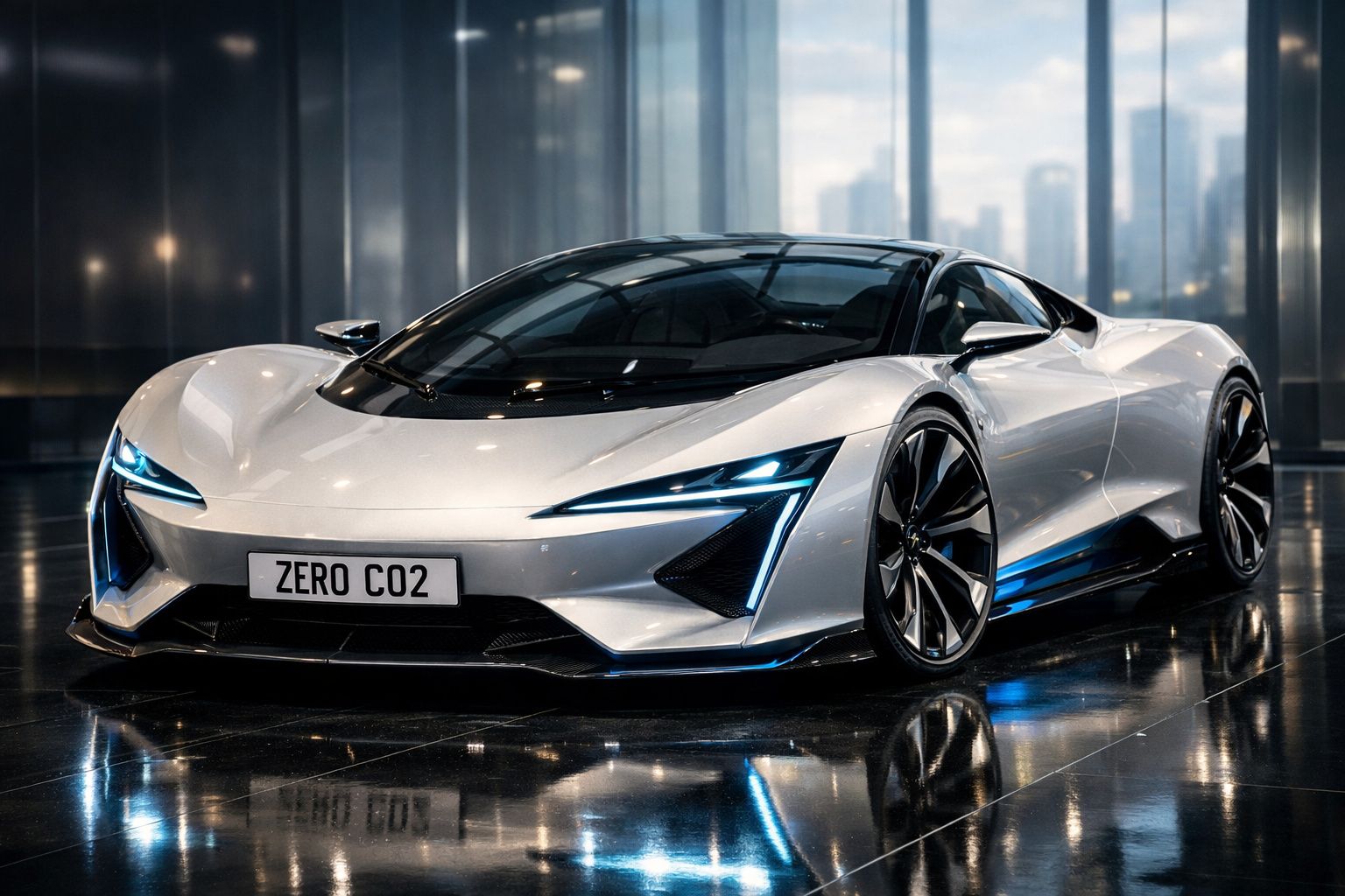 Carro desportivo elétrico prateado com faróis LED e matrícula "ZERO CO2" em espaço moderno e reflexivo.