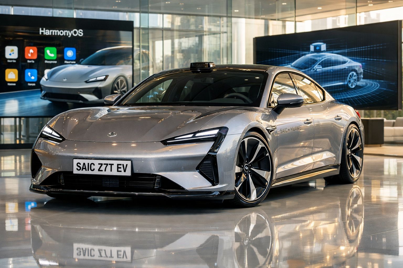 Automóvel elétrico cinzento SAIC Z7T EV exibido em salão com ecrãs digitais ao fundo.