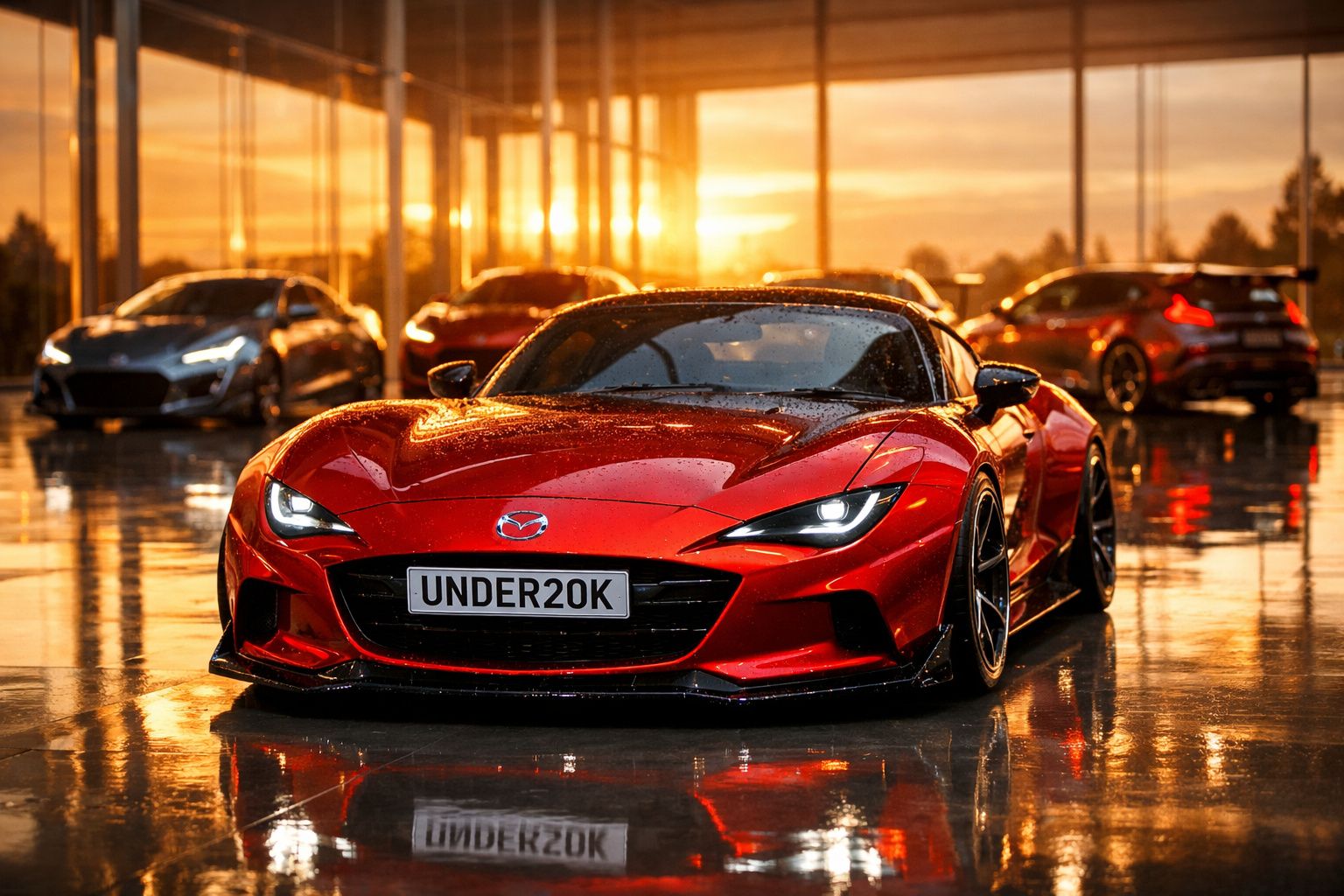 Carro desportivo vermelho brilhante estacionado com reflexos no chão molhado ao pôr do sol.