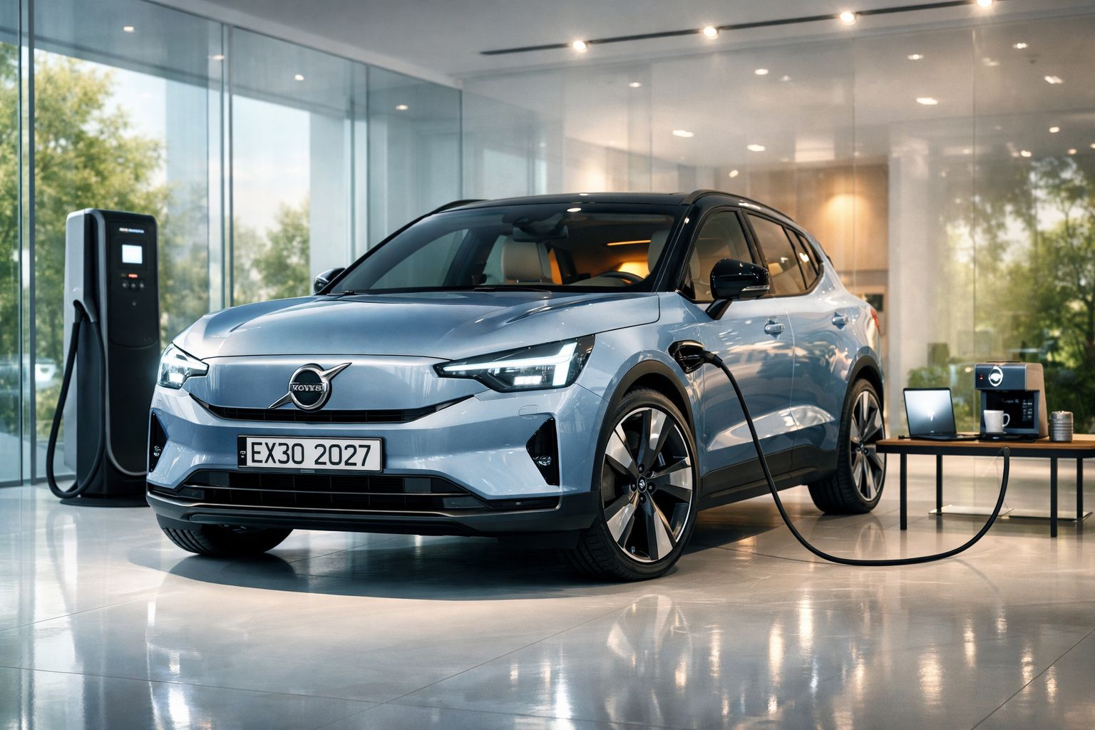 Carro elétrico Volvo XC40 em tom azul claro a carregar numa estação de carregamento interior moderna.