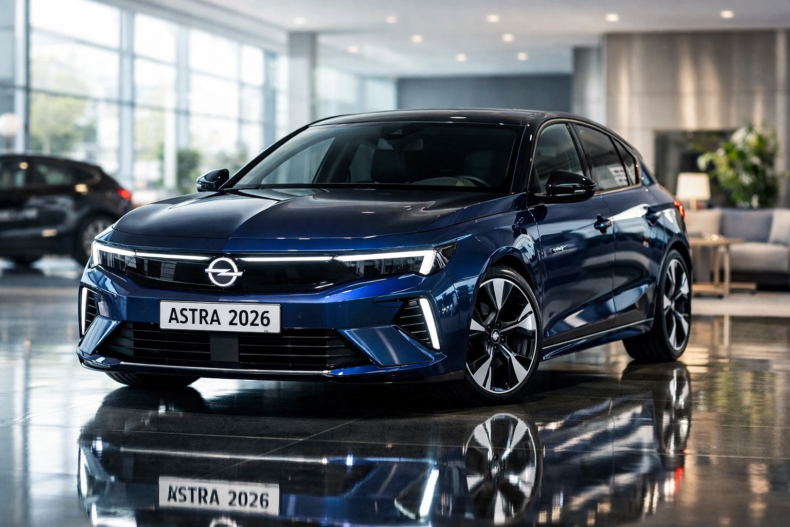 Automóvel azul Opel Astra 2026 estacionado em espaço interior moderno e luminoso.