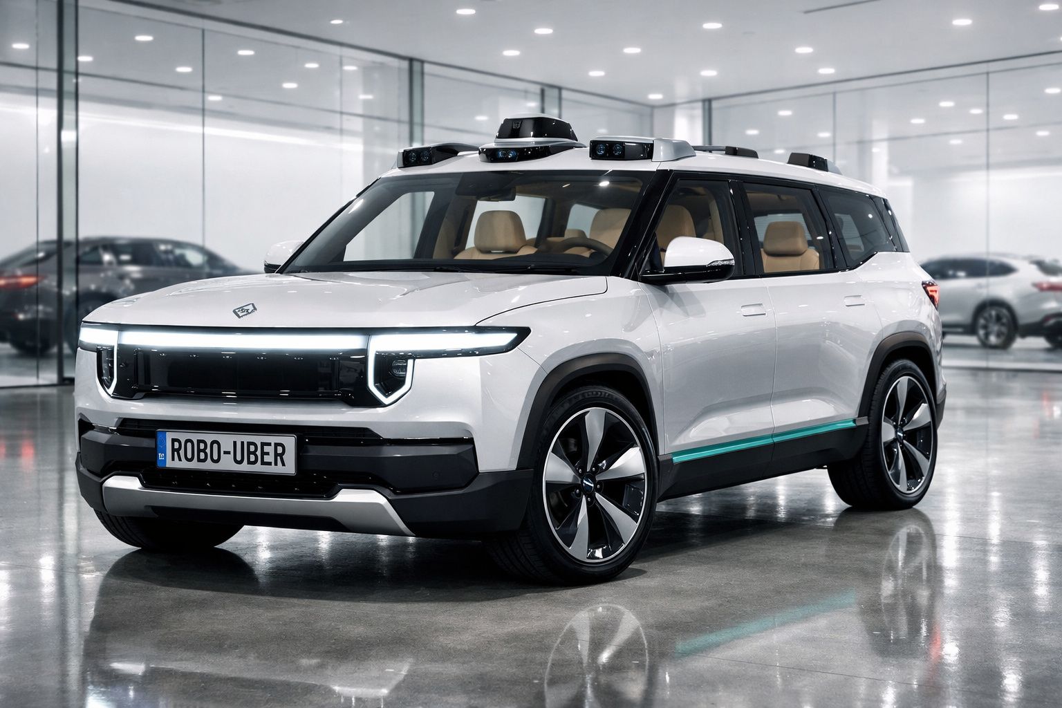 Carro elétrico branco com sensores no teto e matrícula ROBO-UBER numa garagem moderna.