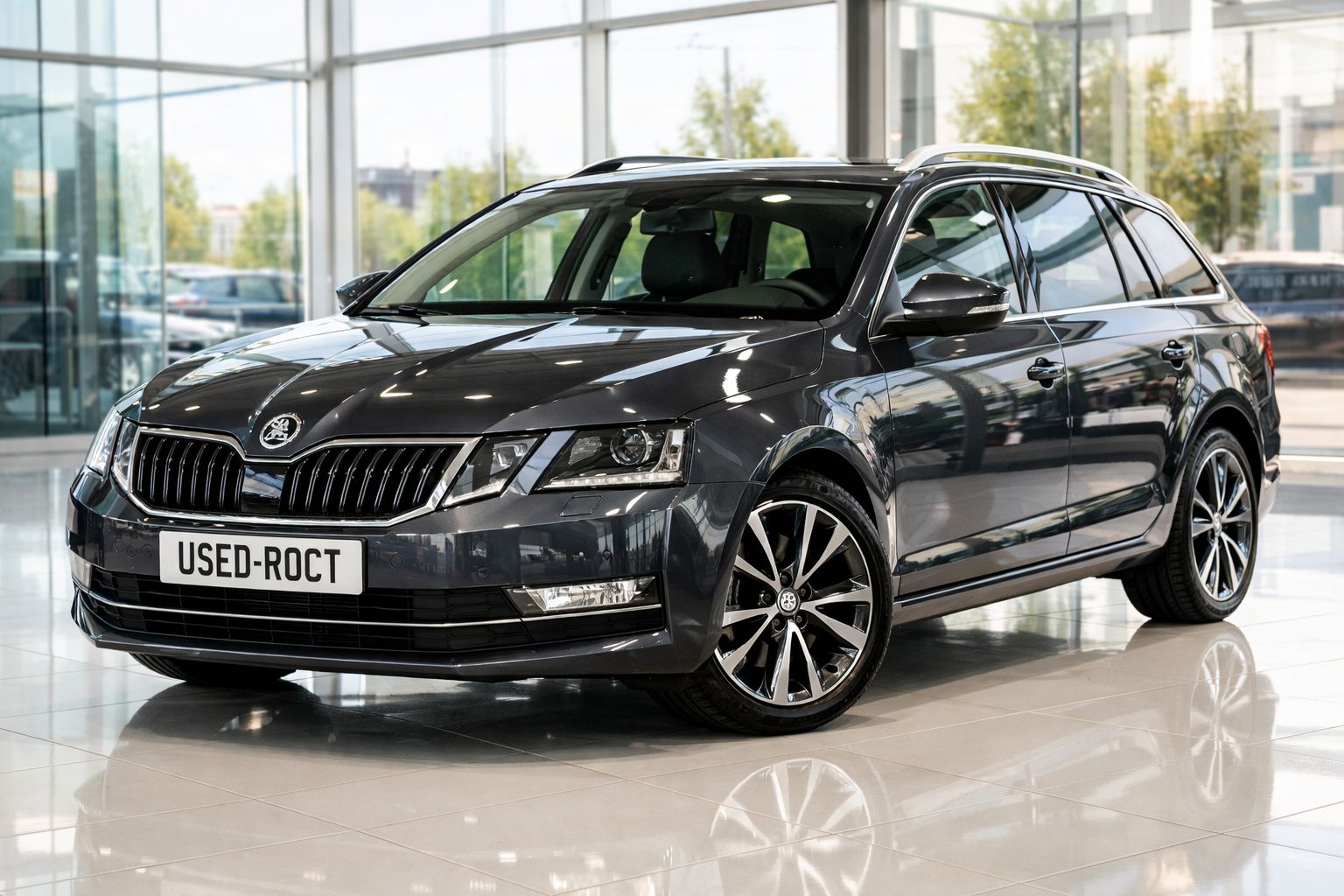 Carro station wagon cinzento escuro estacionado dentro de showroom moderno com janelas grandes.
