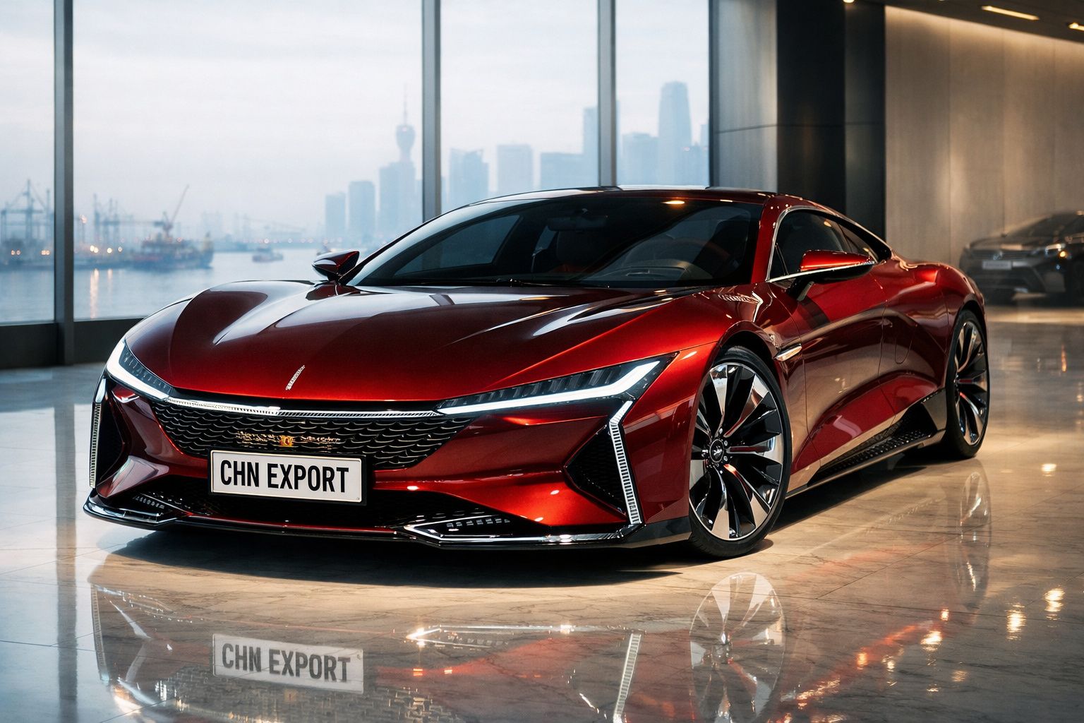 Carro desportivo vermelho metálico estacionado em garagem com vista para o mar e arranha-céus ao fundo.