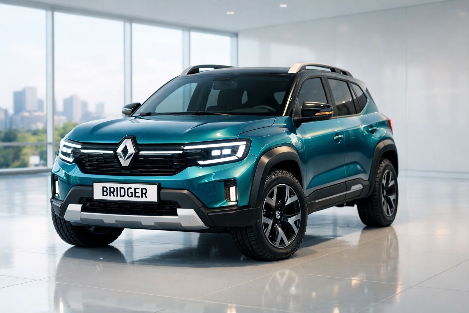 SUV Renault Bridger azul metálico em showroom moderno com janelas amplas e chão refletor.