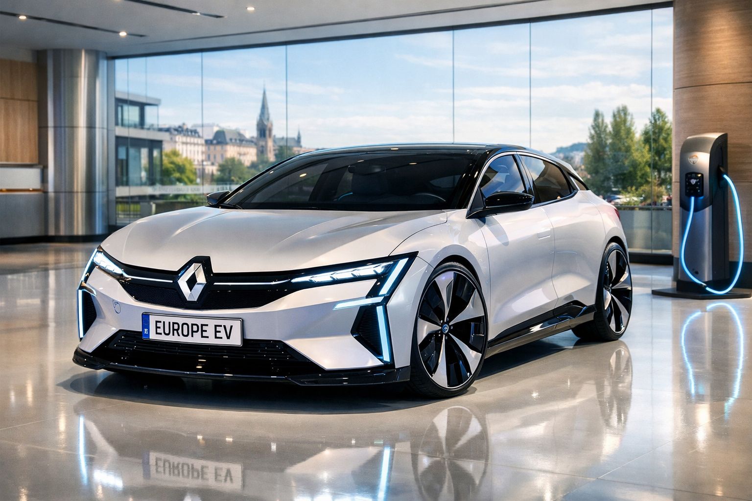 Carro elétrico Renault branco moderno estacionado junto a carregador numa garagem iluminada e urbana.