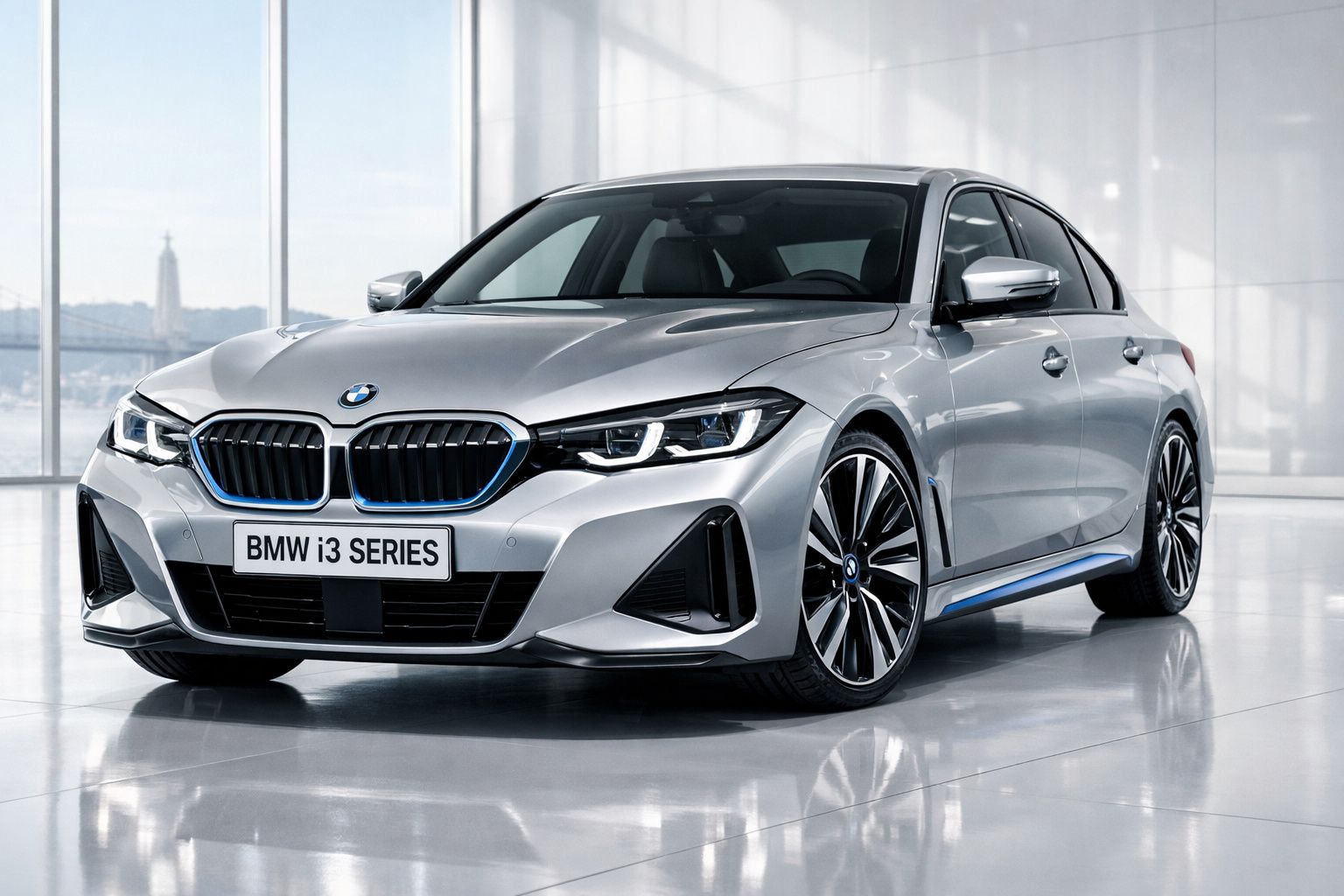 Carro BMW i3 Series prata estacionado em ambiente moderno e iluminado, visto de frente e lado esquerdo.