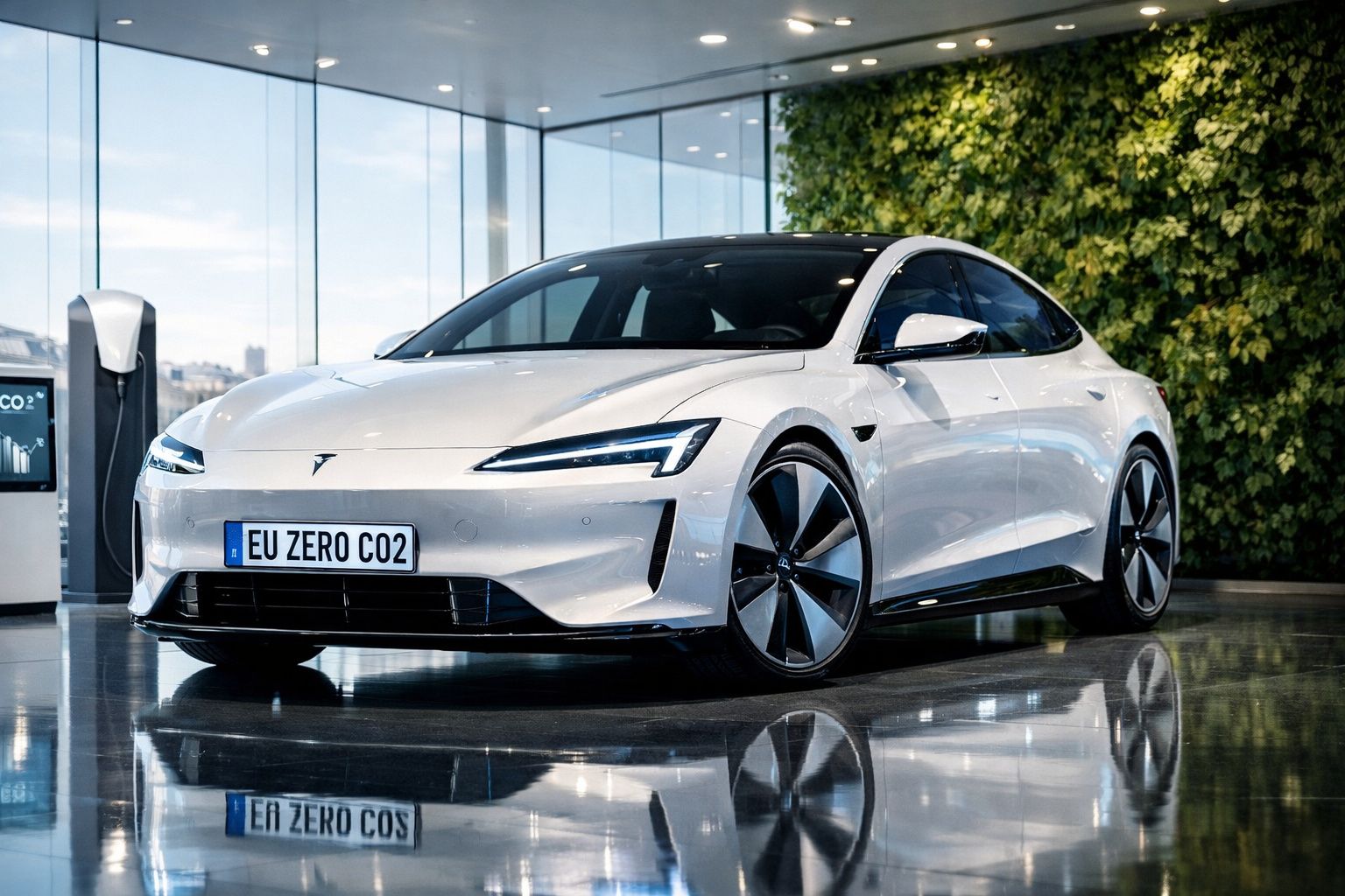 Carro elétrico Tesla branco estacionado num interior com piso brilhante, com porta de carregamento ao fundo.