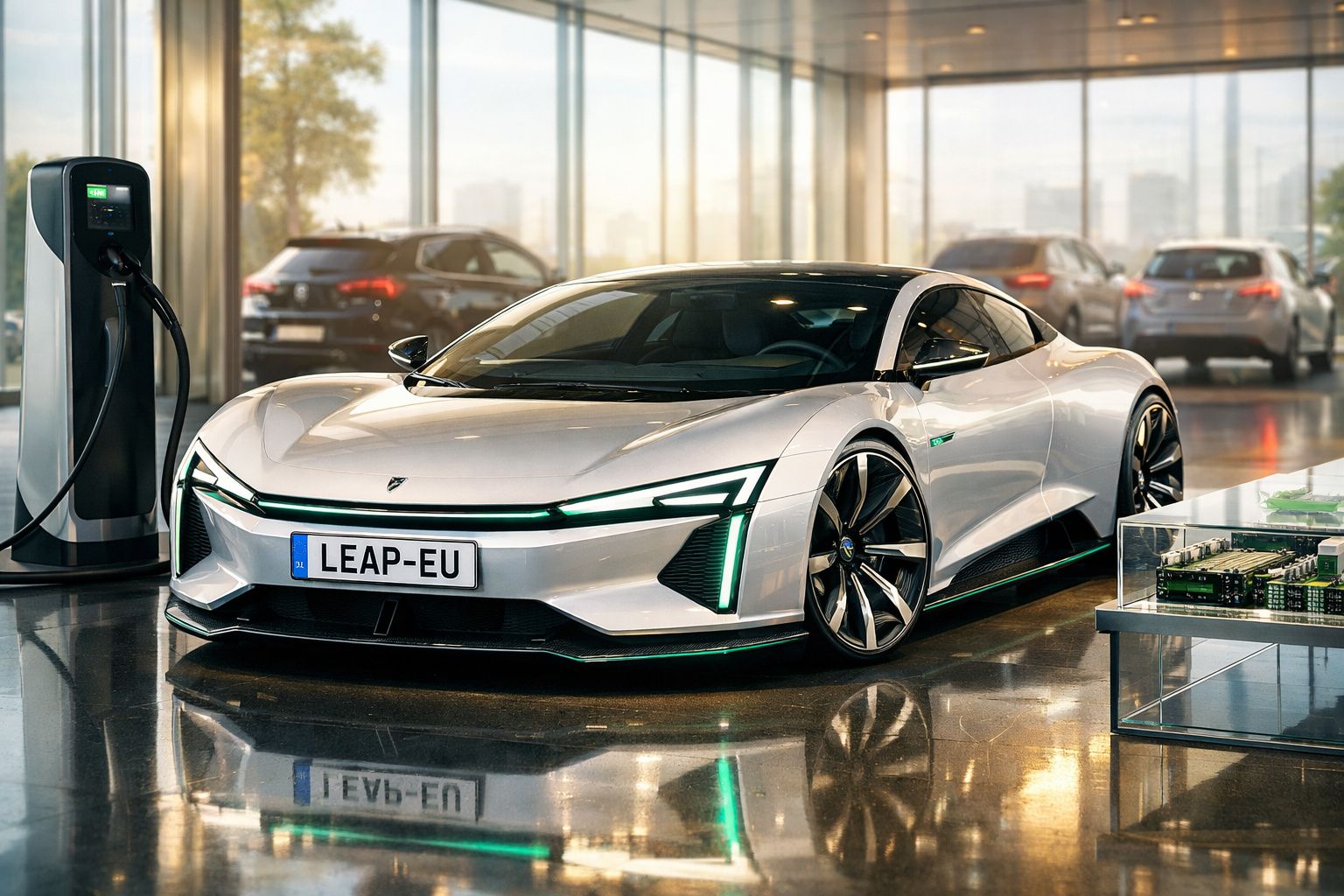 Carro elétrico desportivo branco a carregar numa estação de carregamento num showroom moderno.