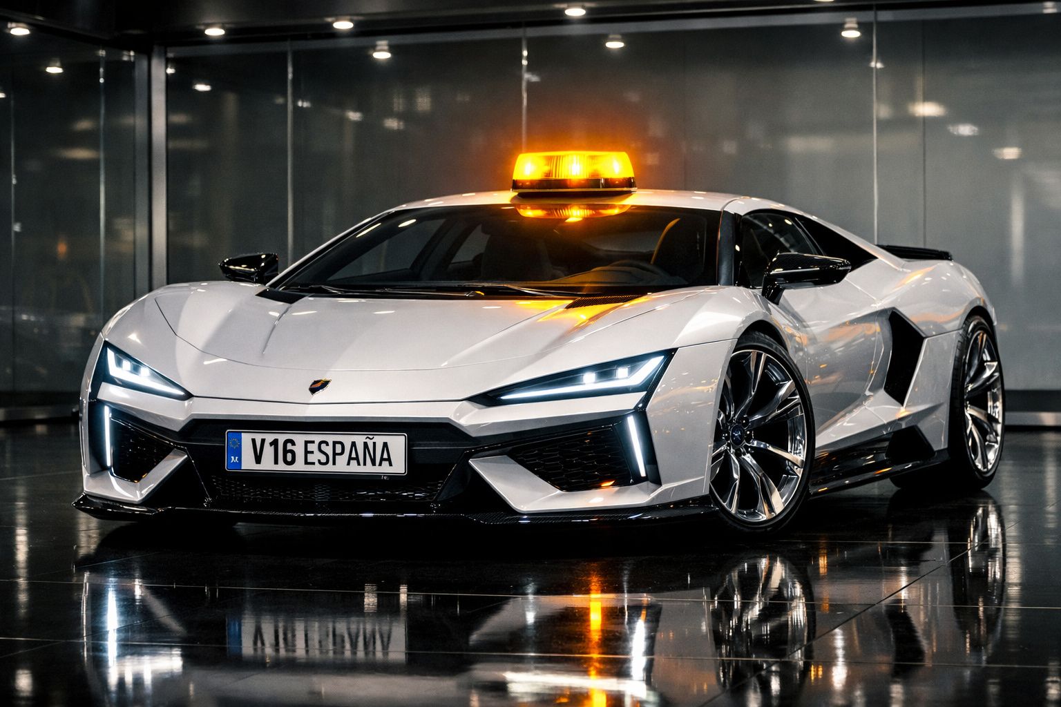 Carro desportivo branco com faróis acesos e luzes de aviso laranja no tejadilho em piso refletor.