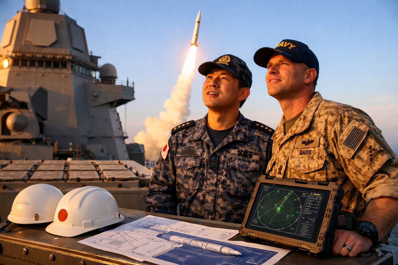 Dois militares de marinhas diferentes observam lançamento de míssil a partir de navio de guerra ao pôr-do-sol.