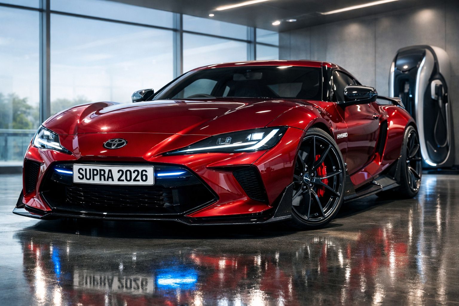 Carro desportivo vermelho Toyota Supra 2026 estacionado no interior com posto de carregamento elétrico.