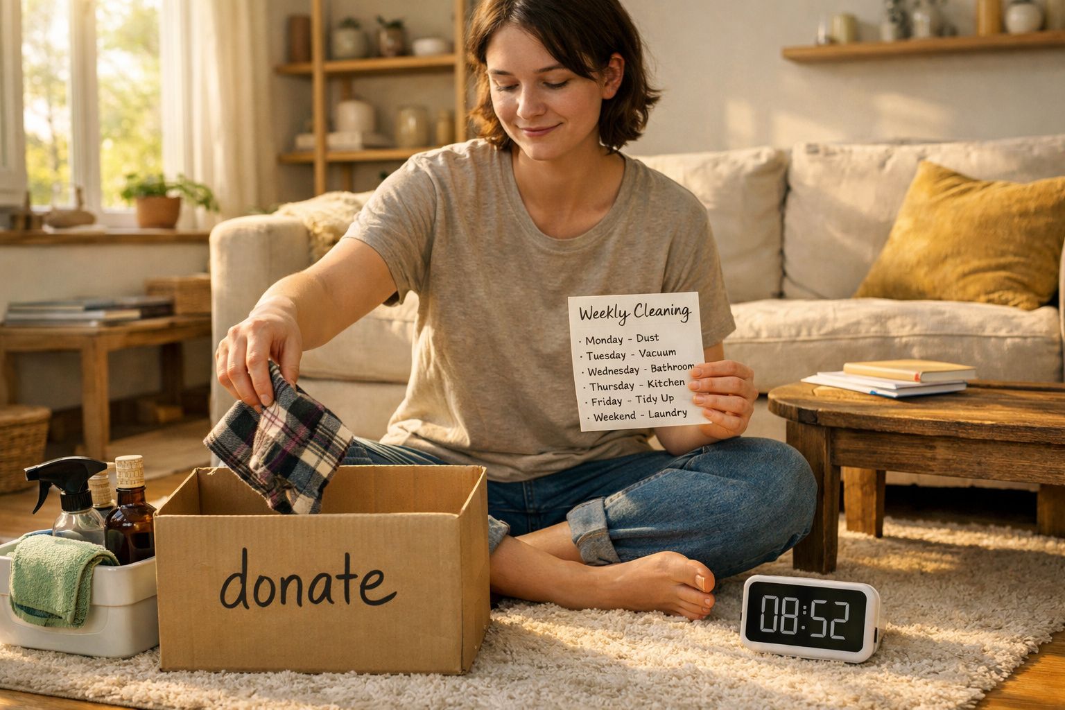 Mulher sentada no chão organiza roupas para doar e segura plano semanal de limpeza doméstica.
