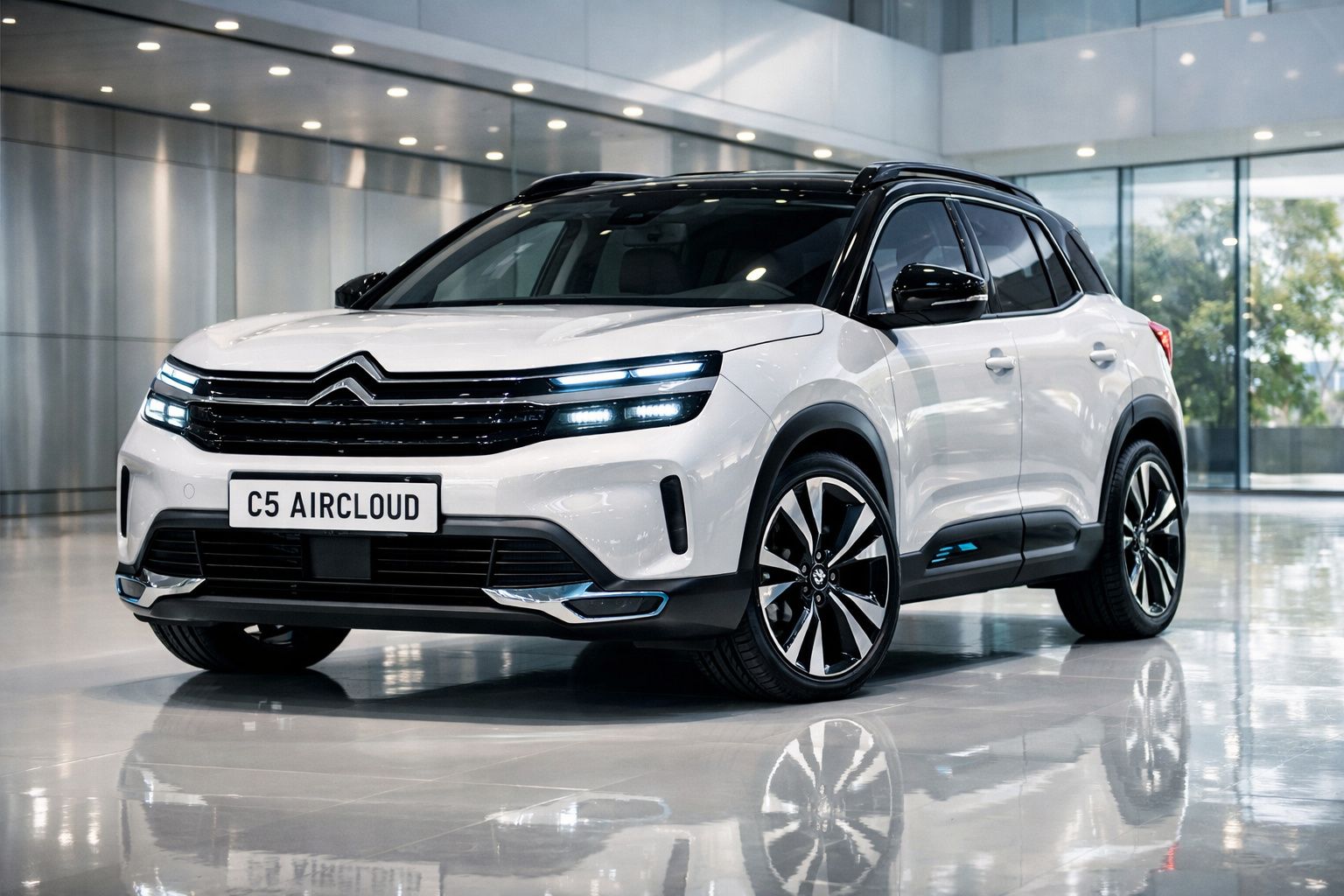 Carro Citroën C5 Aircloud branco em showroom moderno com piso refletor e paredes de vidro.