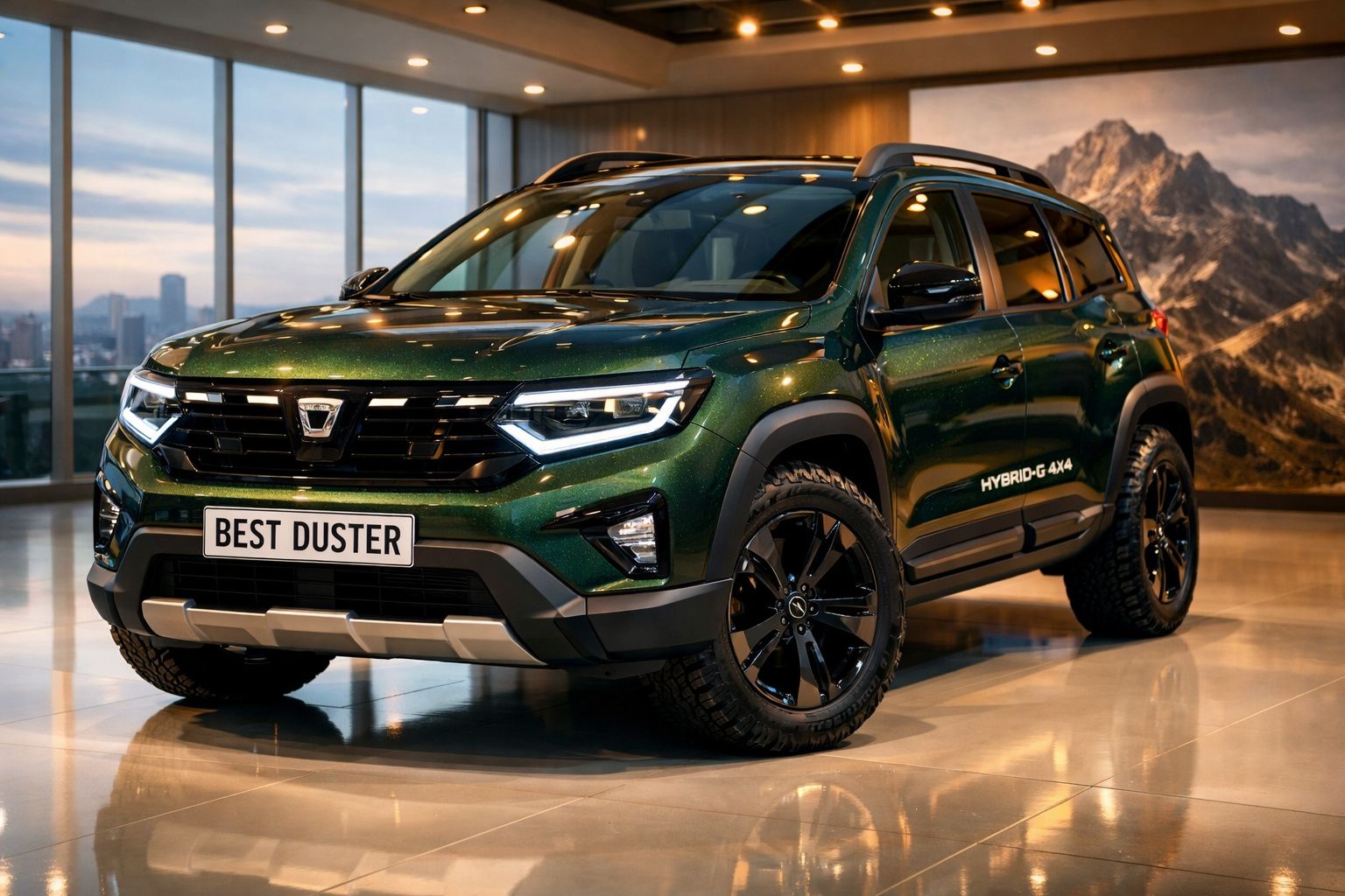 Carro SUV verde metálico Dacia Best Duster híbrido 4x4 exibido em showroom moderno com chão polido.