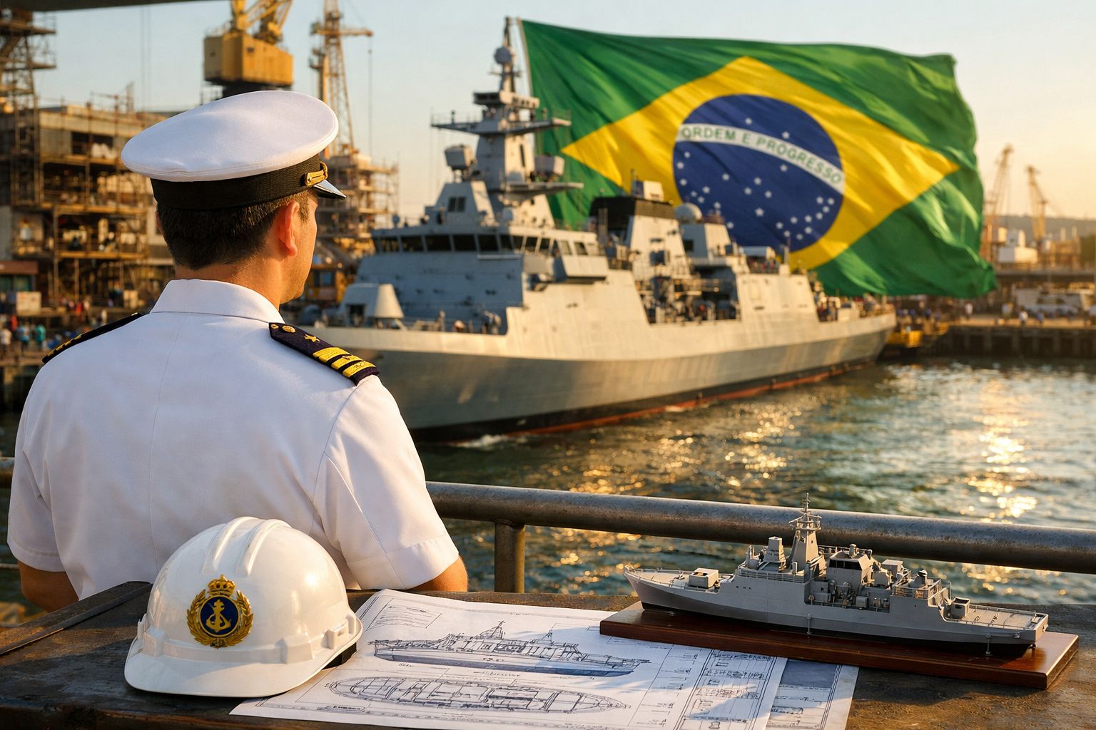 Capitão da Marinha brasileira observa fragata com bandeira do Brasil ao pôr do sol no porto.