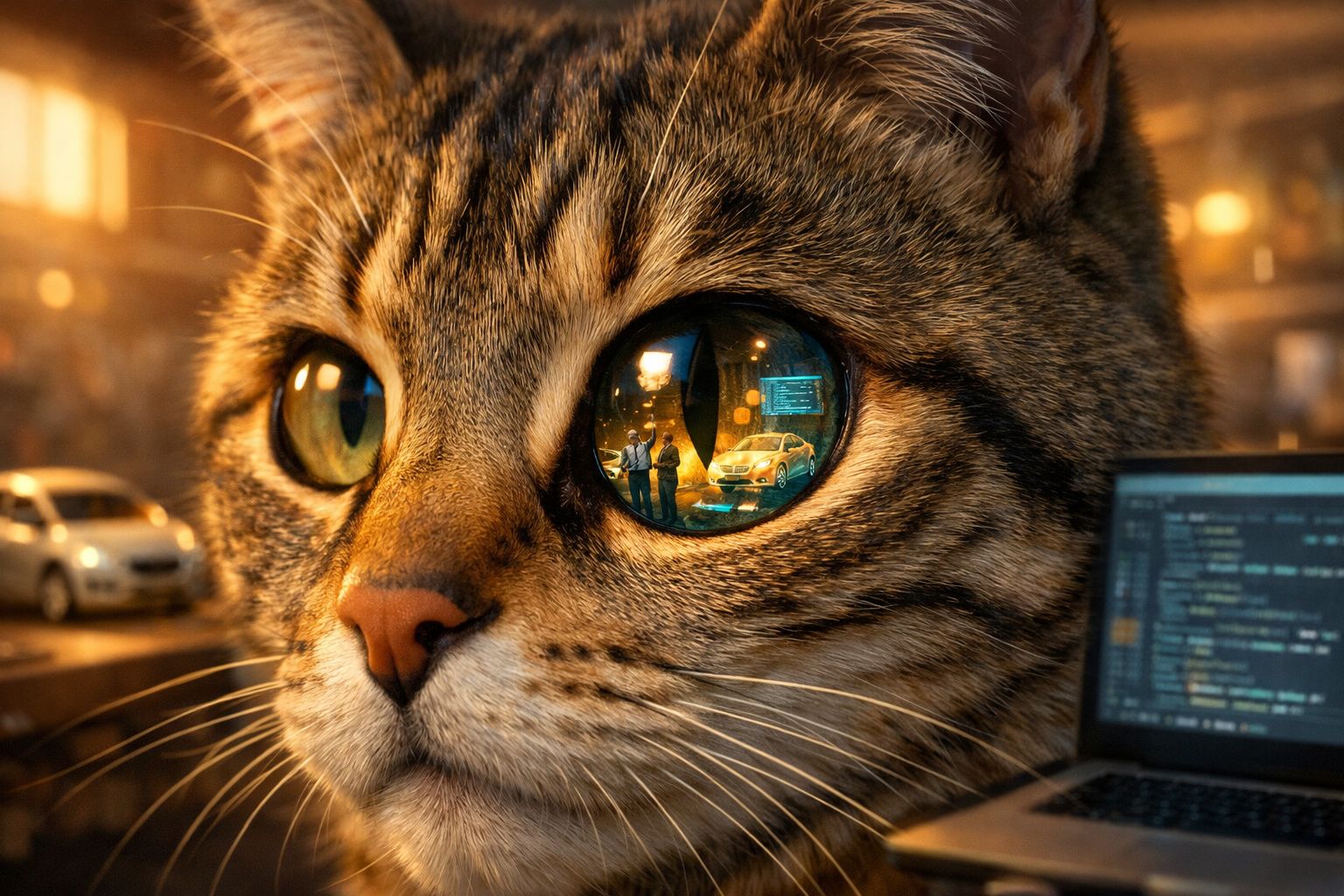 Close-up do rosto de um gato com reflexos de carros e pessoas na sua íris em ambiente iluminado.