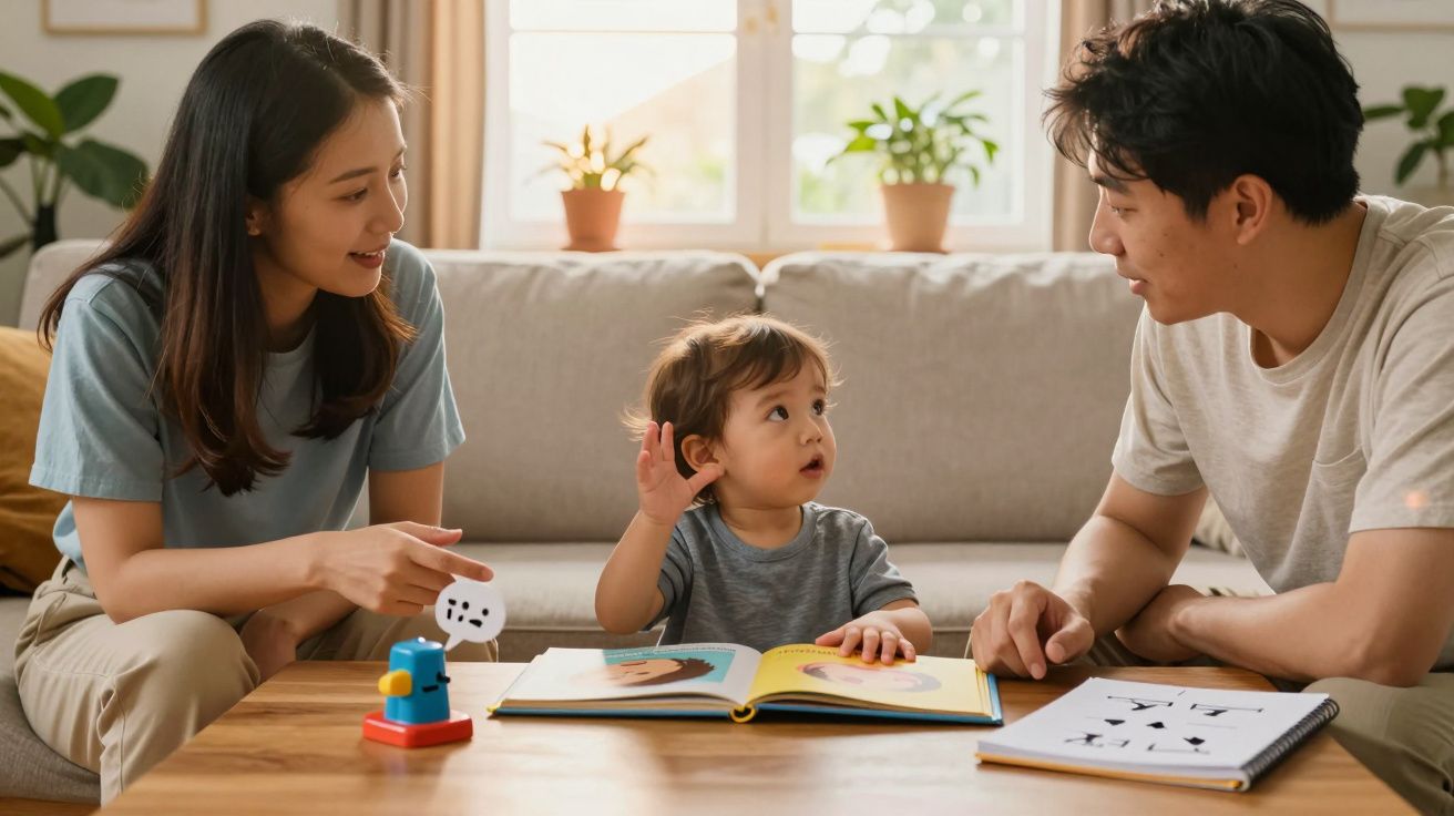 Criança sentada ao centro entre mãe e pai enquanto lê livro infantil numa sala iluminada.
