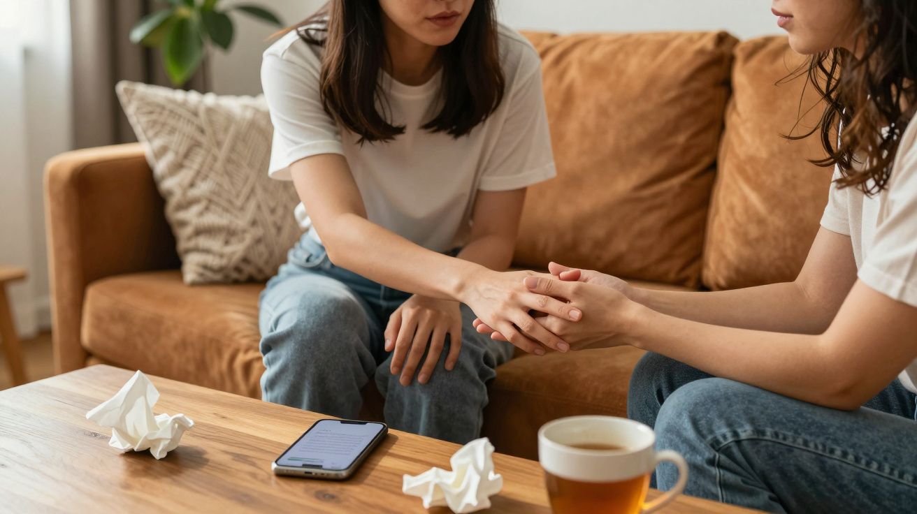 Duas mulheres sentadas num sofá, uma conforta a outra segurando-lhe as mãos, perto de uma mesa com chá e lenços.