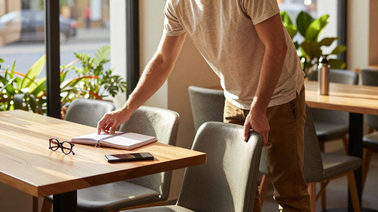 Pessoa em pé numa cafeteria a abrir um caderno sobre uma mesa com óculos e telemóvel.
