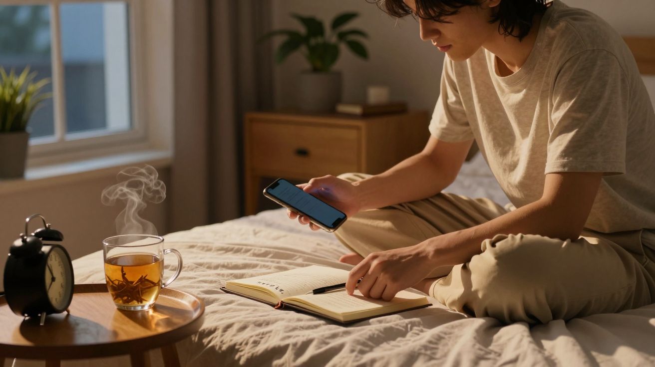 Pessoa sentada na cama a consultar o telemóvel e escrever num caderno, com chá quente e despertador na mesa ao lado.