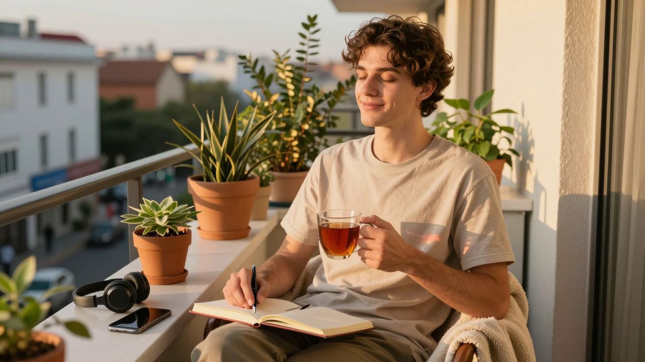 Jovem sentado na varanda com chá e caderno, desfrutando do pôr do sol rodeado de plantas em vasos.