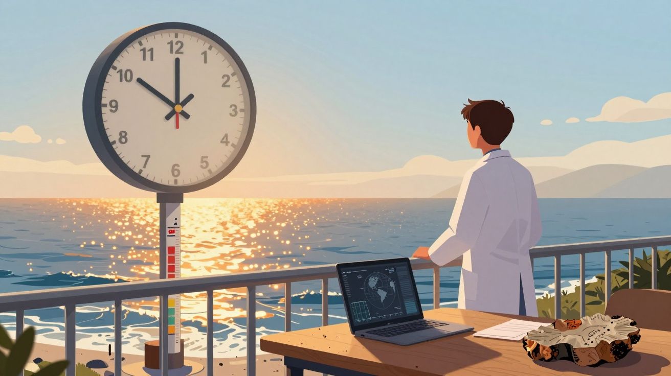 Homem de bata branca observa o mar ao pôr do sol com relógio grande e laptop numa mesa à beira-mar.