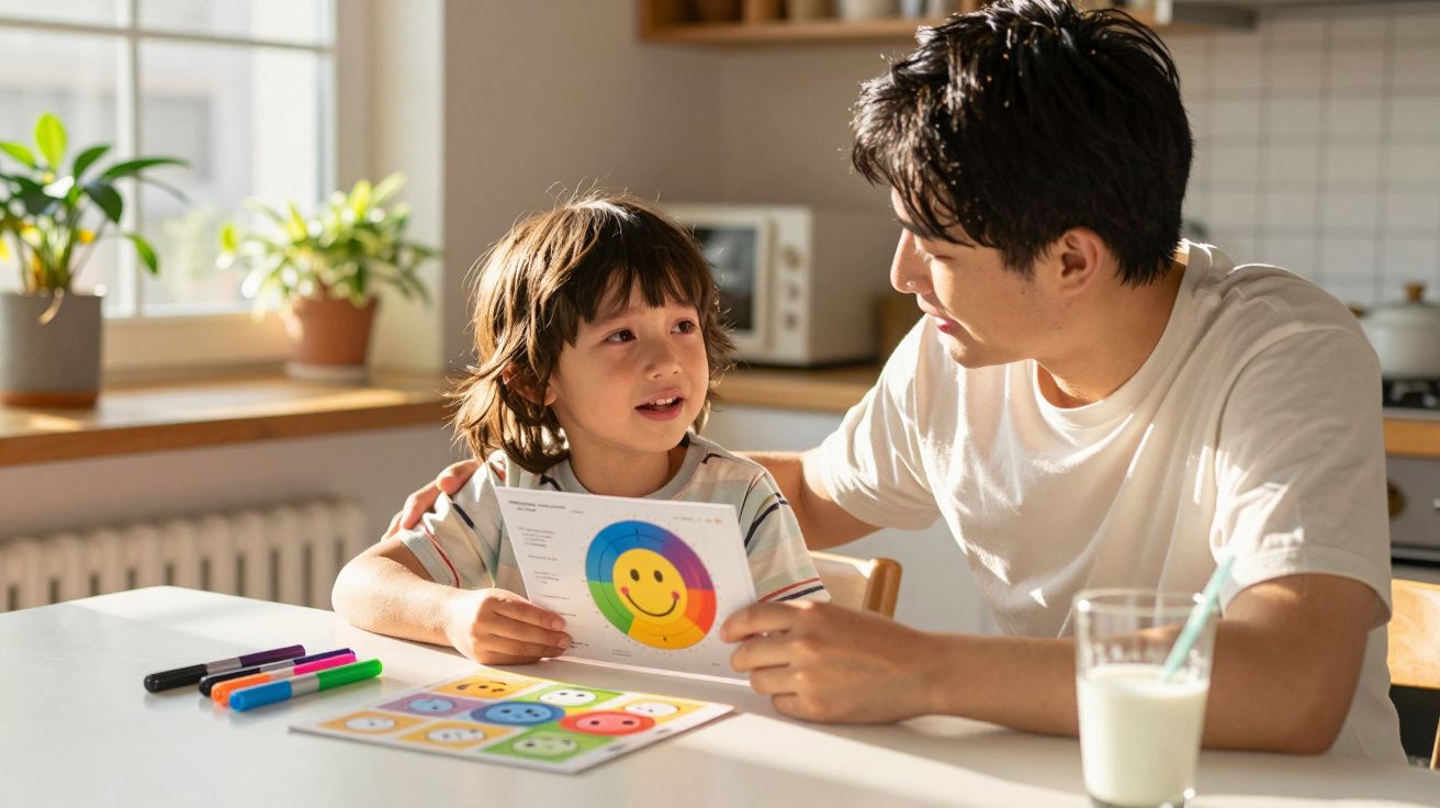 Pai e filho sentados à mesa da cozinha, com o filho a mostrar um gráfico colorido com um sorriso.