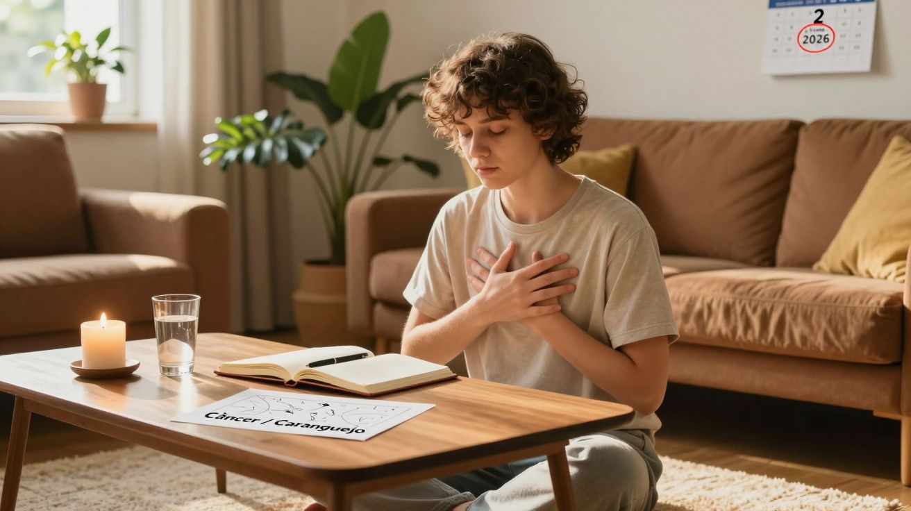 Pessoa sentada a meditar com mãos no peito, com uma vela acesa, copo de água e calendário ao fundo.