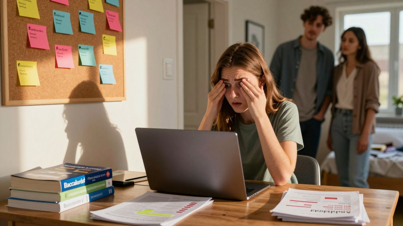 Jovem mulher com expressão de stress a estudar no computador, com livros e notas na secretária, e duas pessoas ao fundo.
