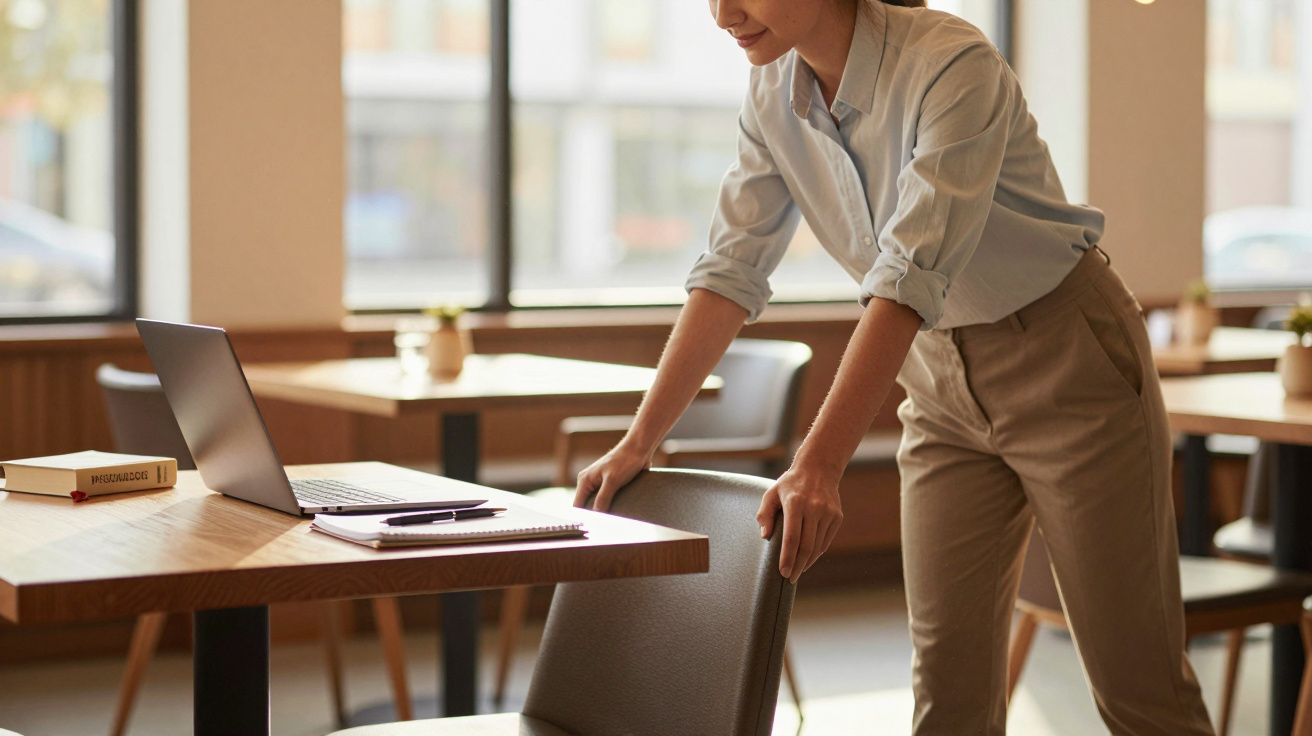 Pessoa a puxar uma cadeira numa sala de trabalho com portátil e bloco de notas numa mesa.