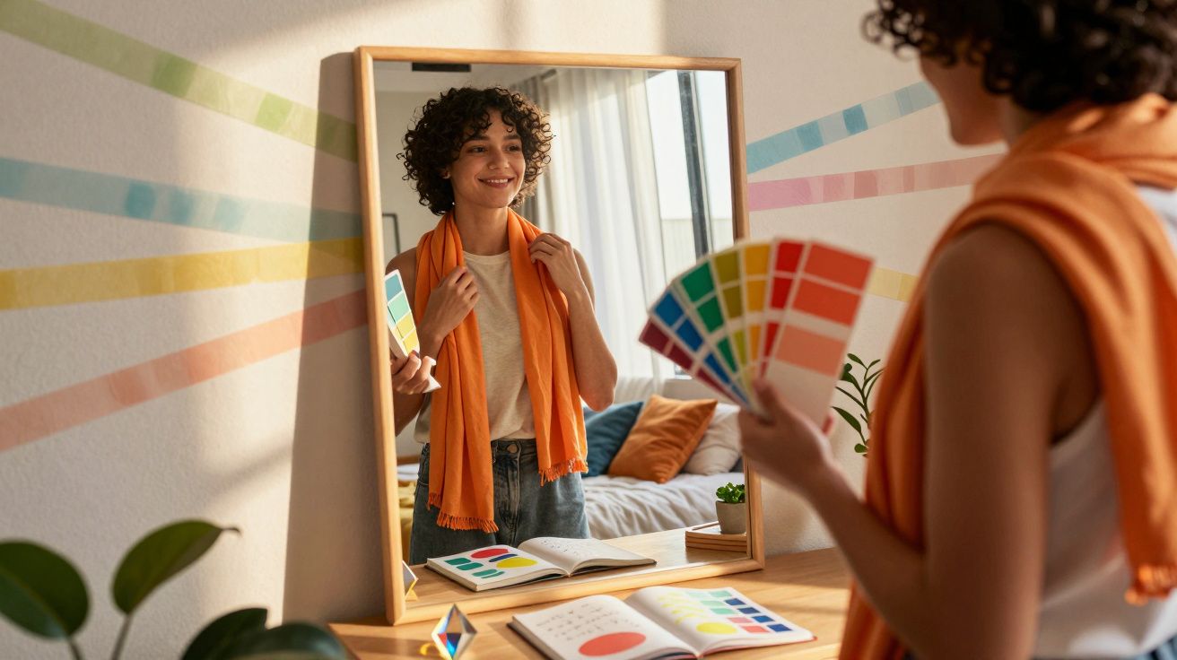 Pessoa sorridente vê-se ao espelho segurando amostras de cores numa sala iluminada e acolhedora.