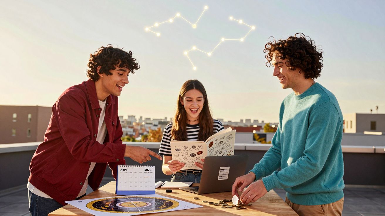 Três jovens a jogar num tabuleiro de astrologia com constelações visíveis no céu ao entardecer.