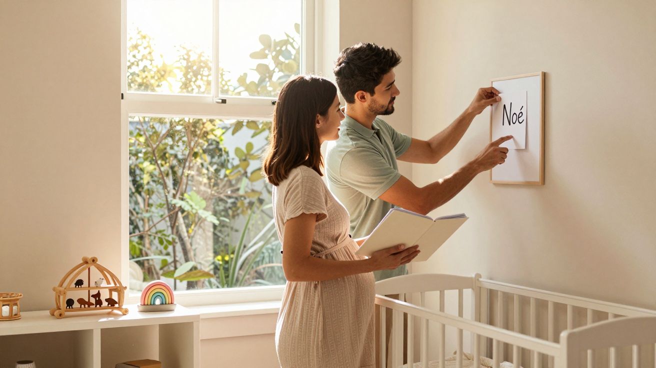 Casal prepara o quarto do bebé, pendura quadro com o nome Noé na parede perto do berço.