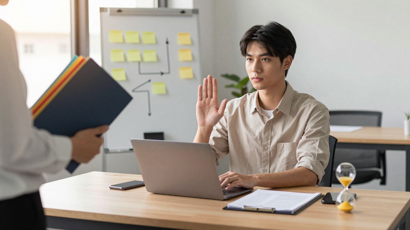Homem sentado numa secretária com computador levanta a mão numa reunião de escritório.