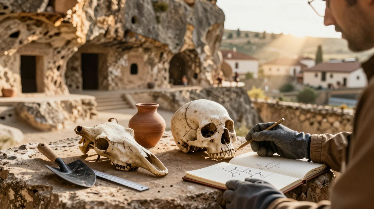Arqueólogo desenha gravuras numa caverna antiga com crânios de animal e humano ao lado, ao pôr do sol.