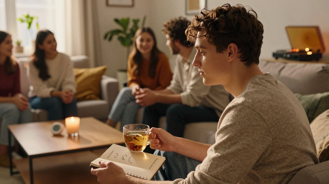 Jovem sentado com chá e livro enquanto grupo conversa no sofá ao fundo numa sala acolhedora.