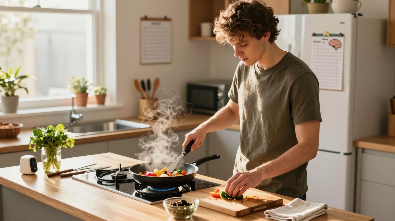 Jovem a cozinhar legumes numa frigideira numa cozinha moderna e luminosa.